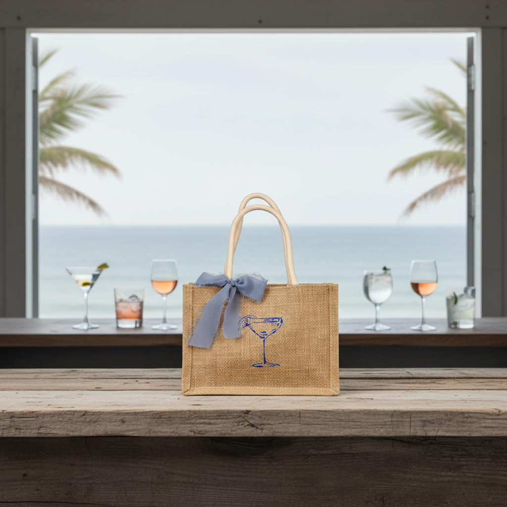 Blue Martini Mini Burlap Tote Bag