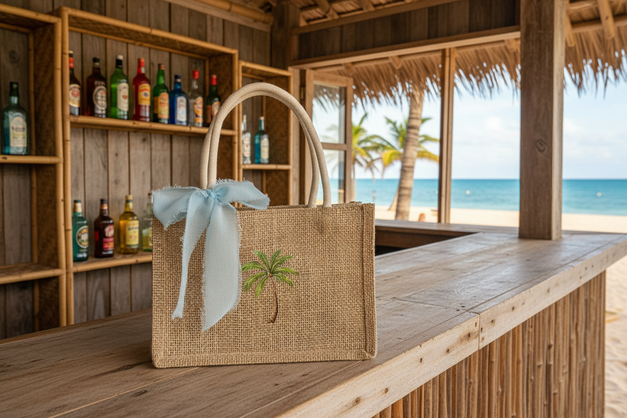 Palm Tree Mini Burlap Tote Bag