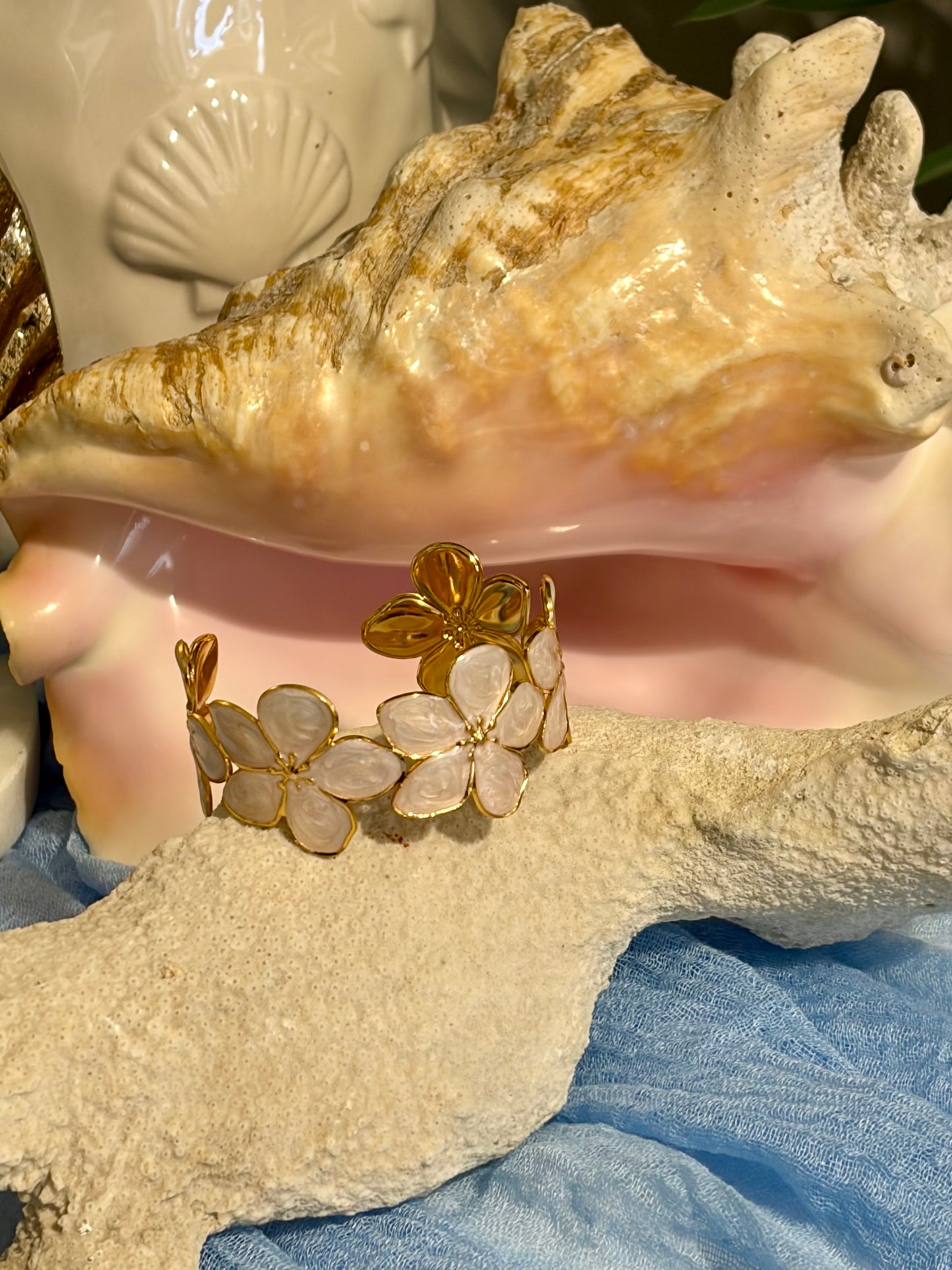 Tropical White Flower Cuff Bracelet