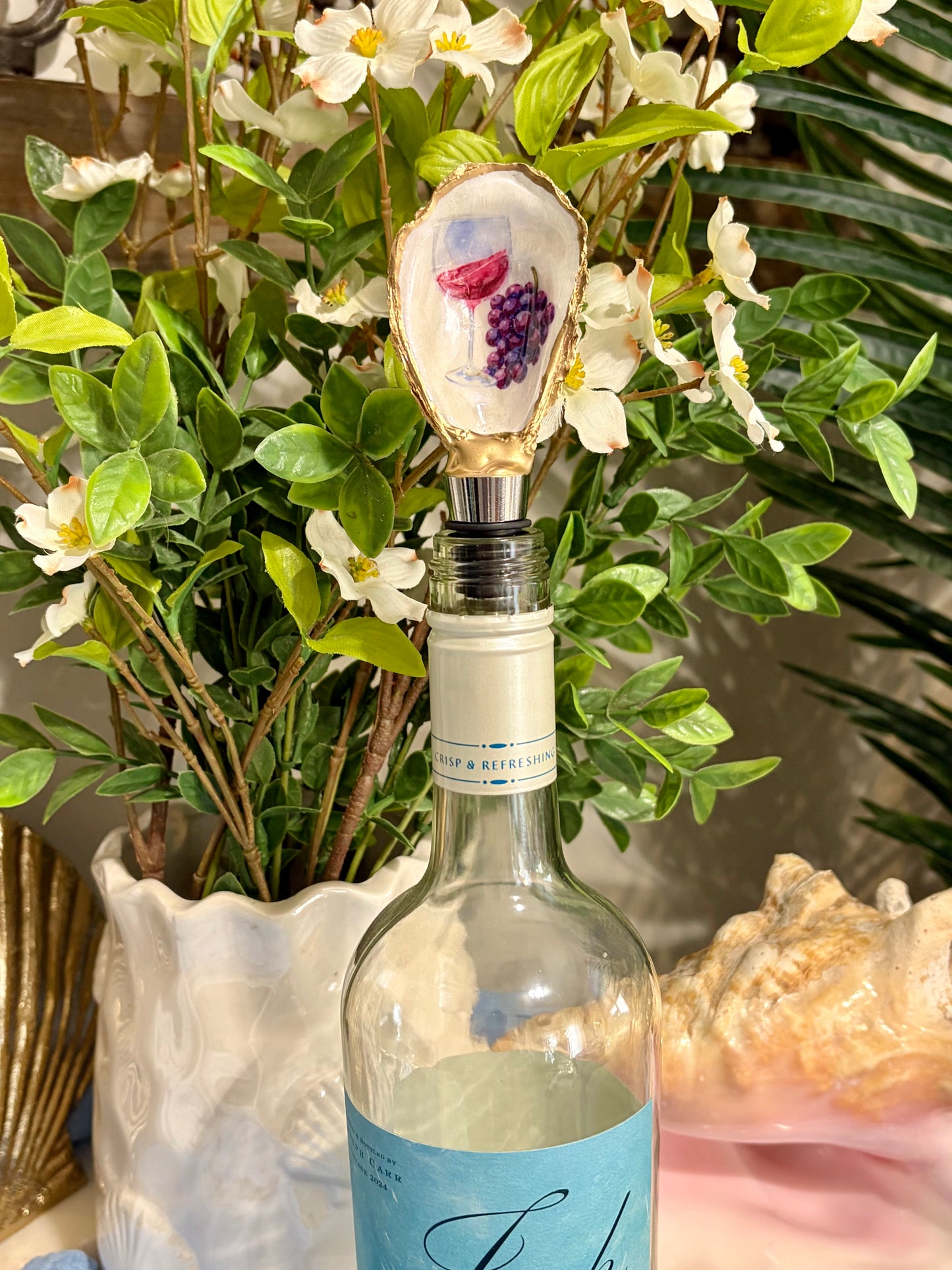 Wine Glass & Grapes Oyster Shell Wine Stopper