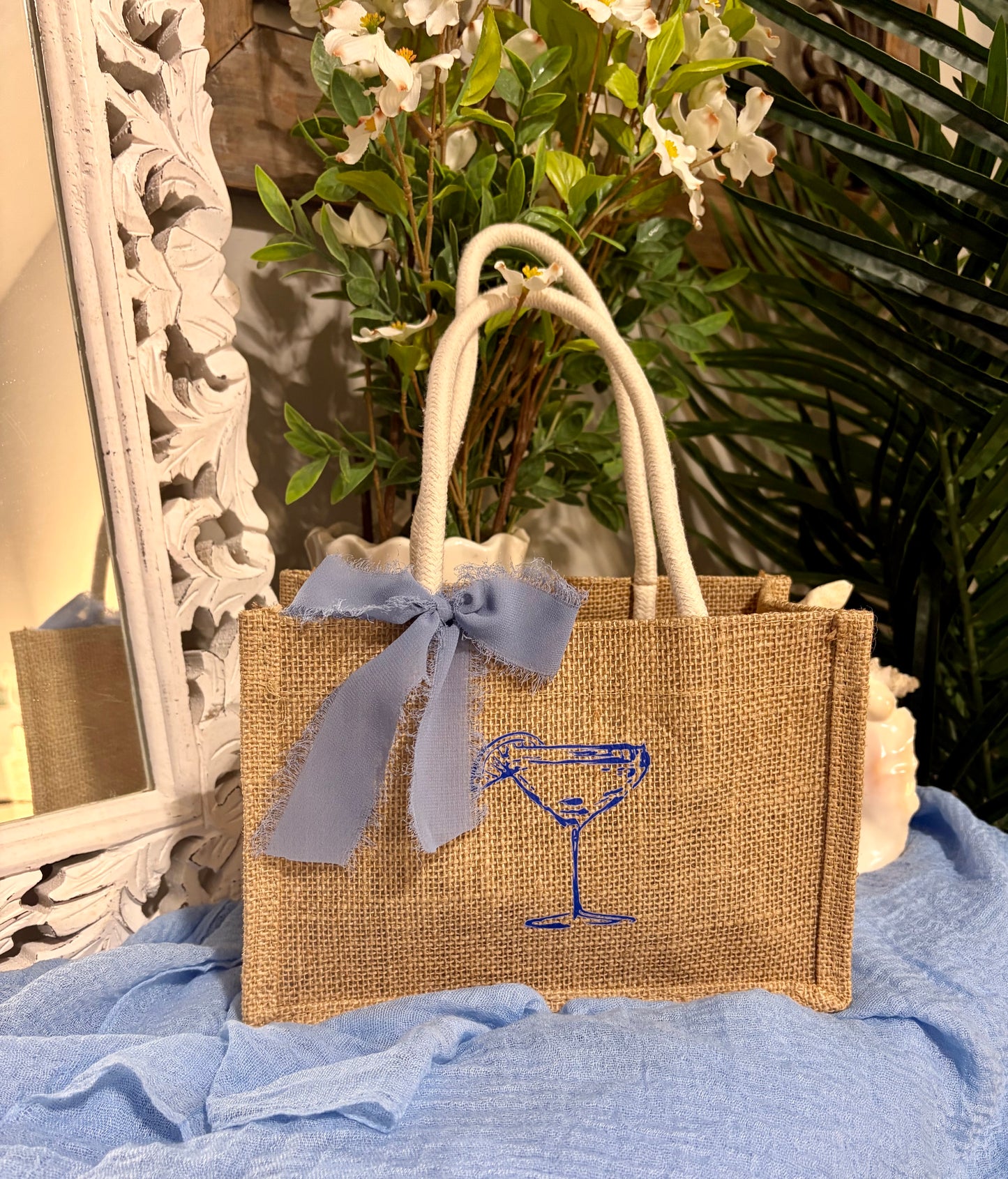 Blue Martini Mini Burlap Tote Bag
