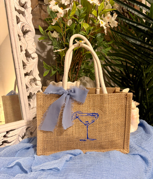 Blue Martini Mini Burlap Tote Bag