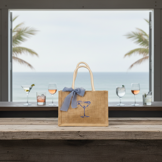 Blue Martini Mini Burlap Tote Bag