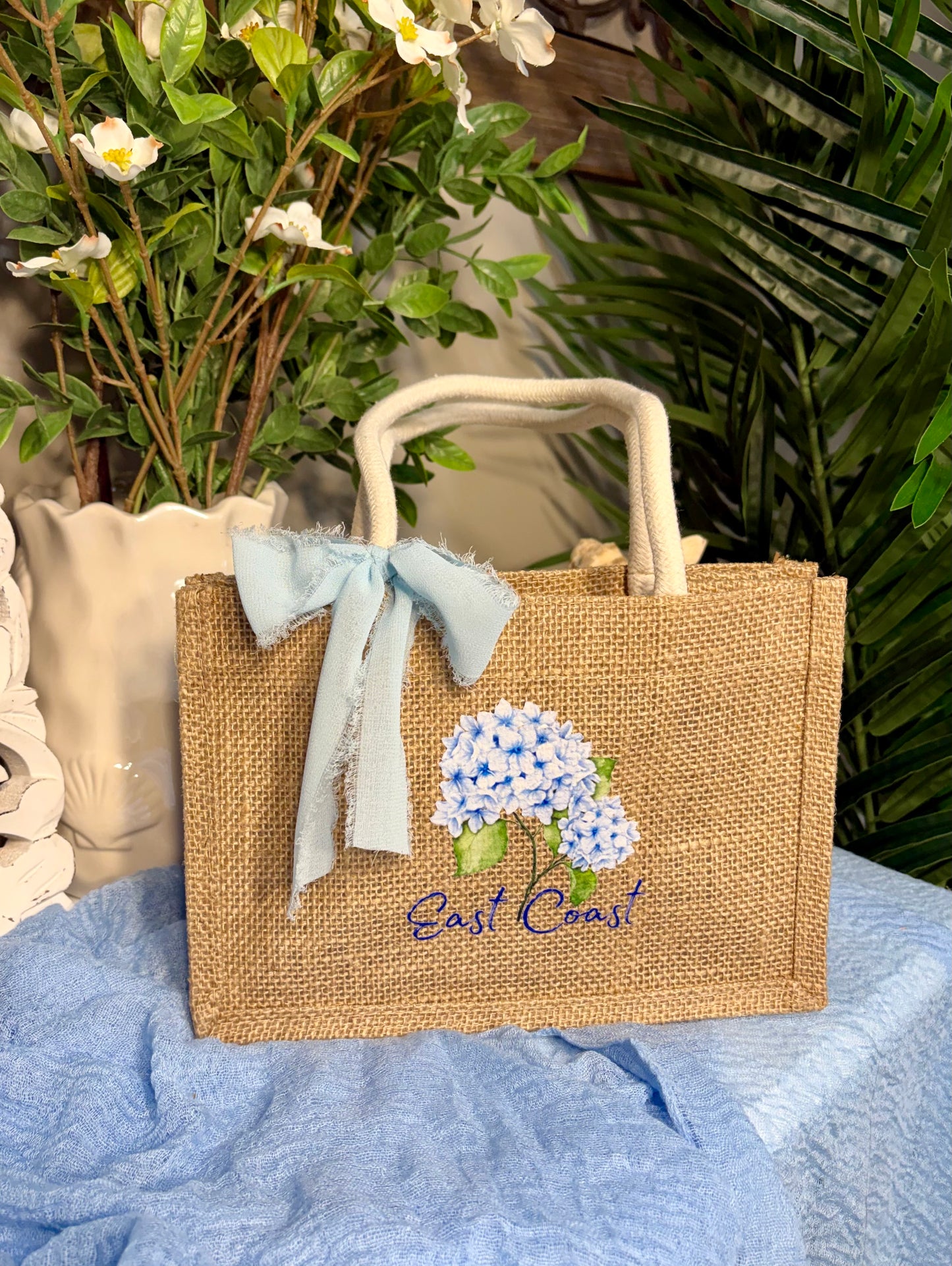 Hydrangea East Coast Mini Burlap Tote Bag
