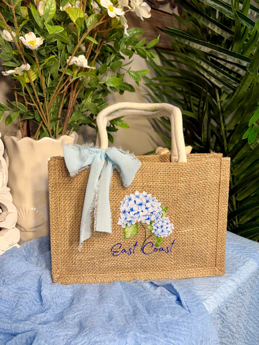Hydrangea East Coast Mini Burlap Tote Bag