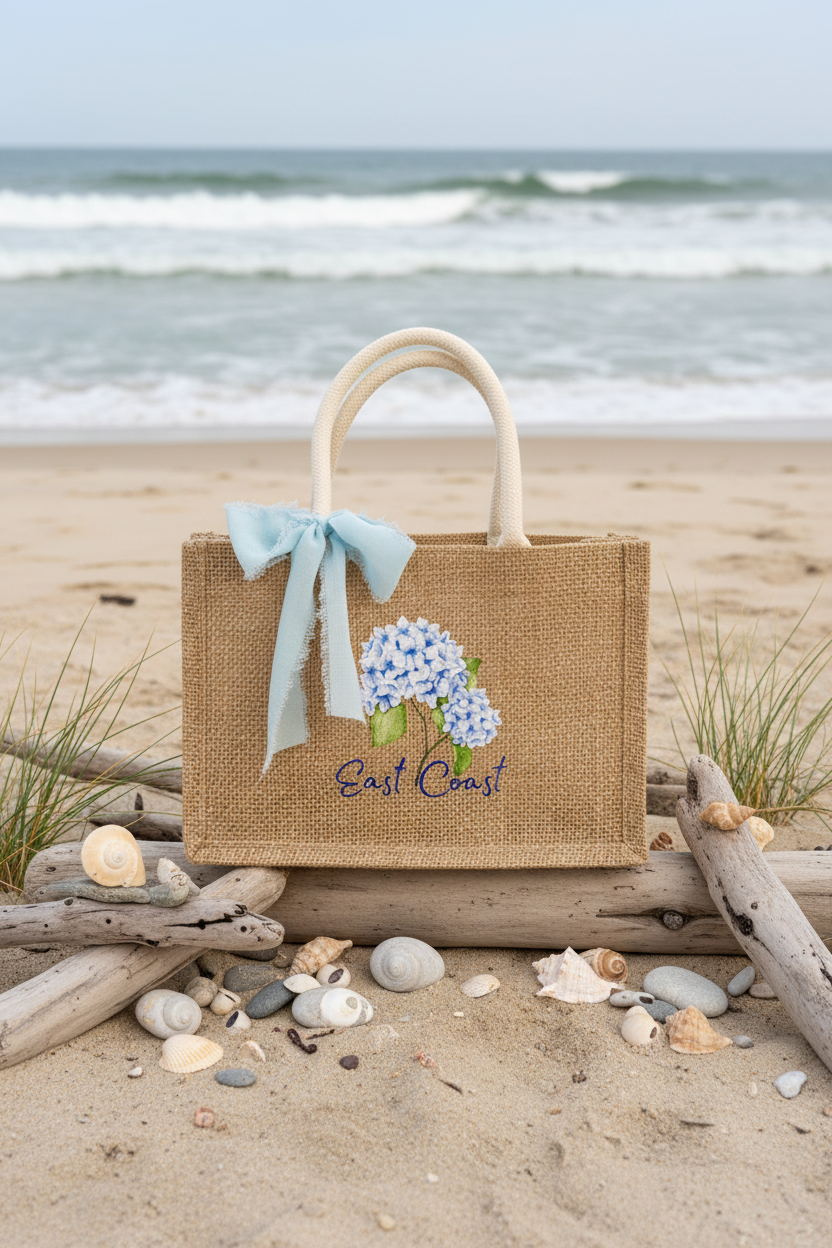 Hydrangea East Coast Mini Burlap Tote Bag