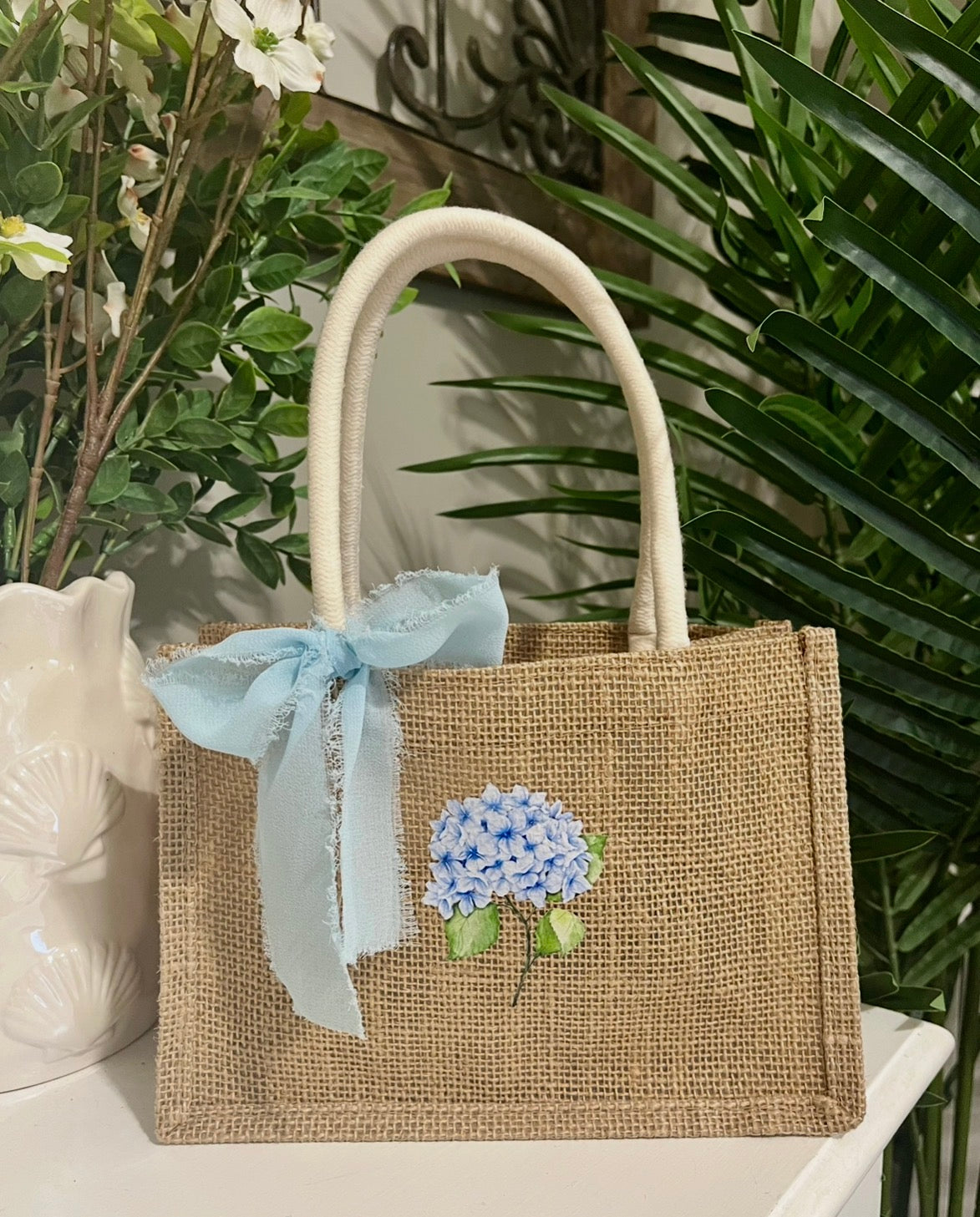 Hydrangea Mini Burlap Tote Bag