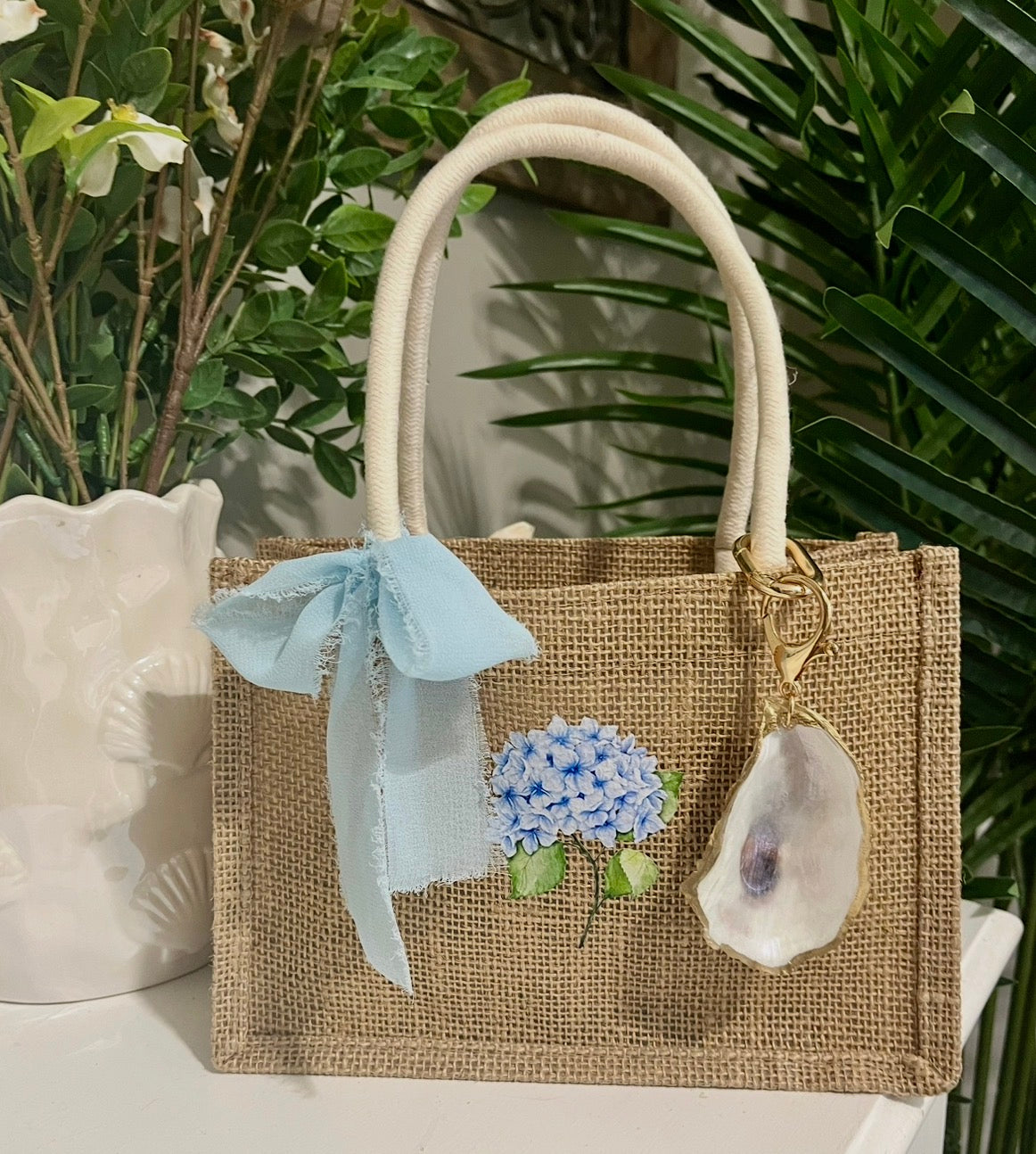 Hydrangea Mini Burlap Tote Bag