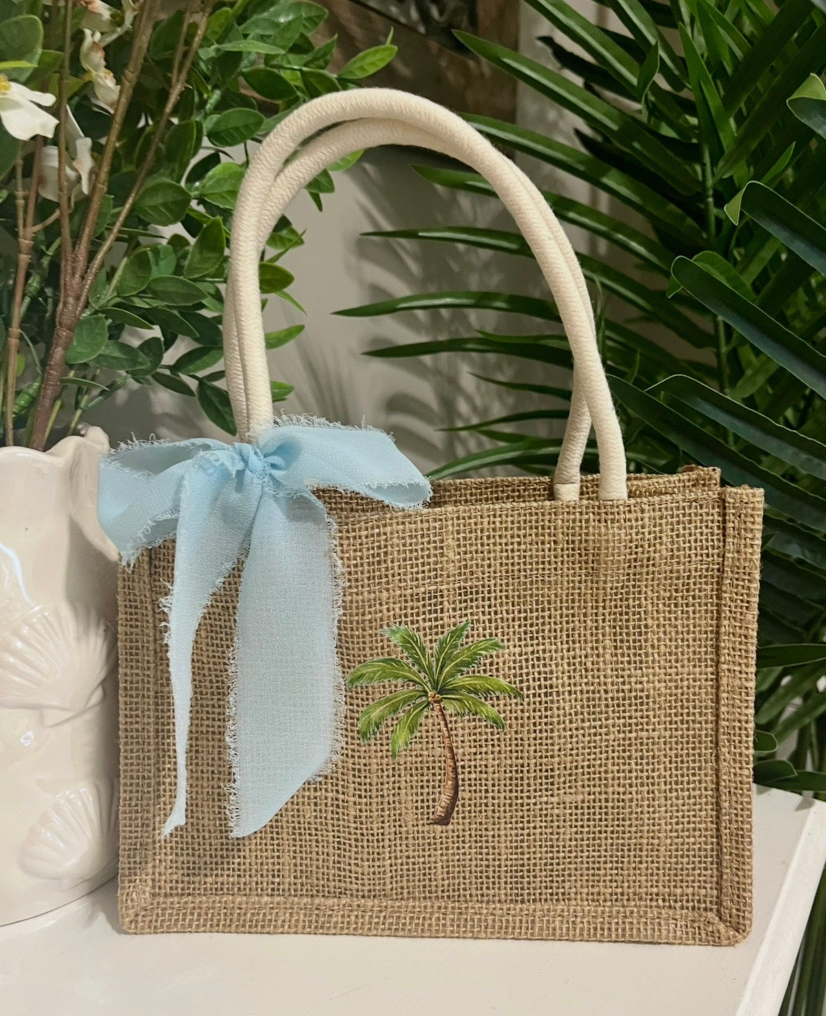 Palm Tree Mini Burlap Tote Bag