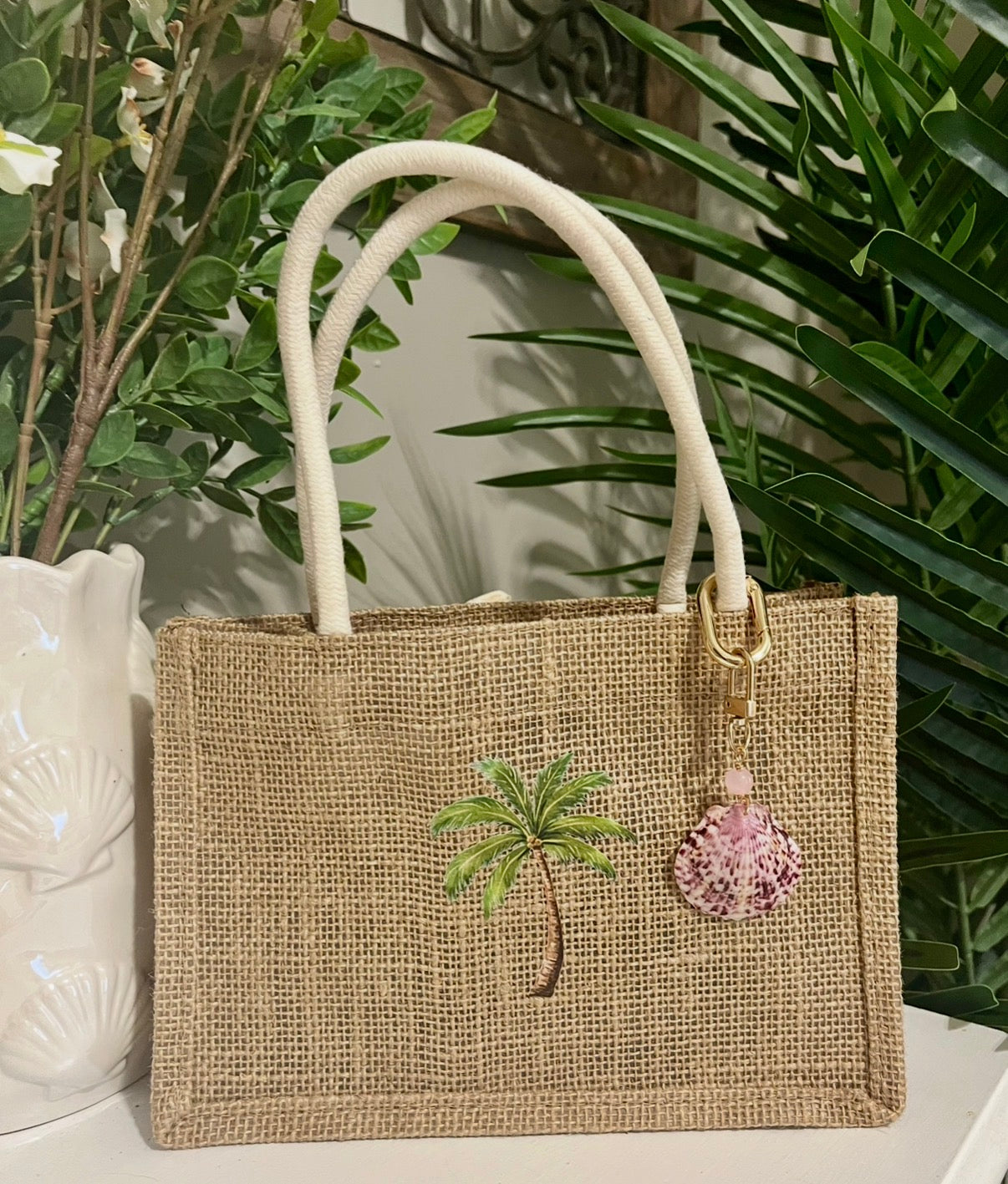 Palm Tree Mini Burlap Tote Bag