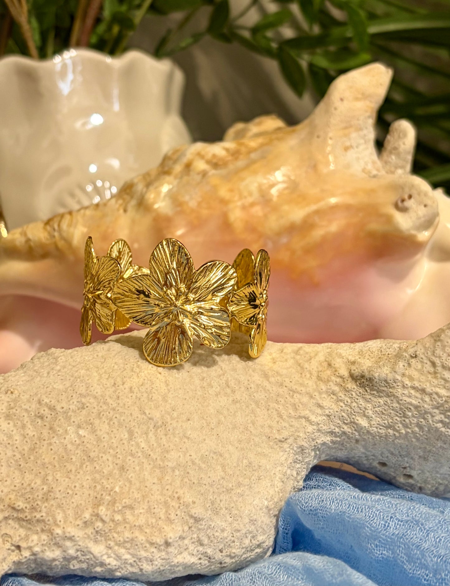 Tropical Gold Flower Cuff Bracelet