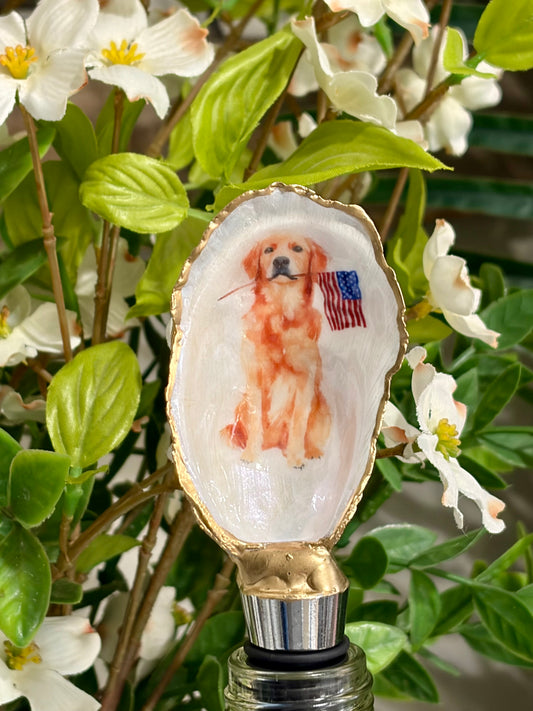 Patriotic Golden Retriever Oyster Shell Wine Stopper