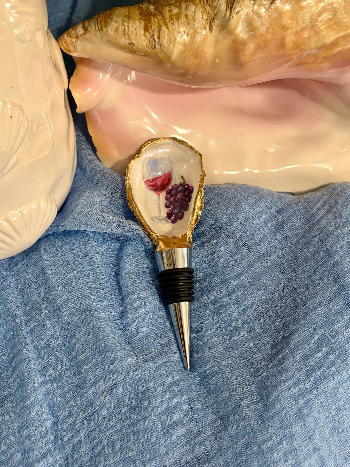 Wine Glass & Grapes Oyster Shell Wine Stopper